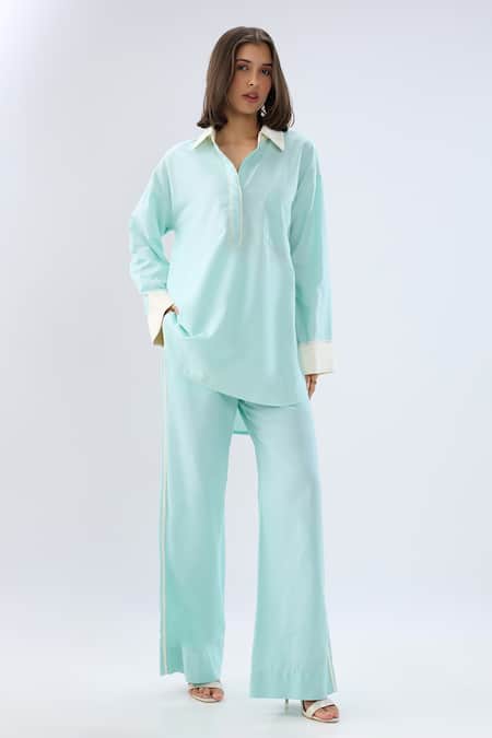 Buy Raw & Rustic By Niti Bothra Blue Linen Collared, V-neck Top And Pant Set Buy_Raw & Rustic By Niti Bothra_Blue Linen Collared, V-neck Top And Pant Set