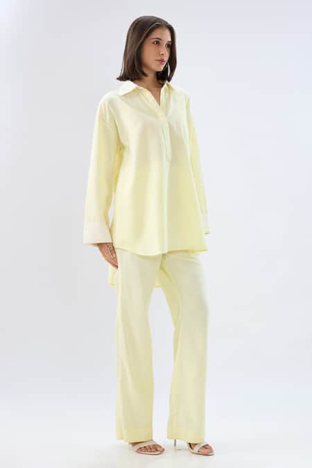 Raw & Rustic By Niti Bothra Yellow Linen Collared, V-neck Top With Pant Online at Aza Fashions Raw & Rustic By Niti Bothra_Yellow Linen Collared, V-neck Top With Pant _Online_at_Aza_Fashions