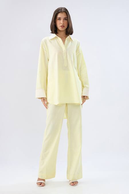 Buy Raw & Rustic By Niti Bothra Yellow Linen Collared, V-neck Top With Pant Online at Aza Fashions Buy_Raw & Rustic By Niti Bothra_Yellow Linen Collared, V-neck Top With Pant _Online_at_Aza_Fashions