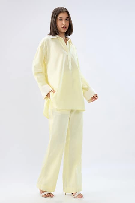 Raw & Rustic By Niti Bothra Yellow Linen Collared, V-neck Top With Pant at Aza Fashions Raw & Rustic By Niti Bothra_Yellow Linen Collared, V-neck Top With Pant _at_Aza_Fashions