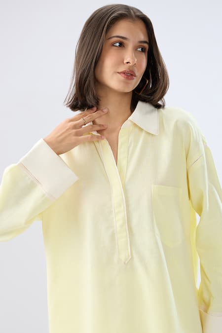 Buy Raw & Rustic By Niti Bothra Yellow Linen Collared, V-neck Top With Pant Buy_Raw & Rustic By Niti Bothra_Yellow Linen Collared, V-neck Top With Pant