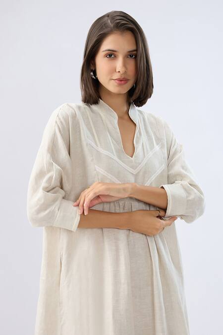 Raw & Rustic By Niti Bothra Beige Linen Embroidery V-neck, Collared Lace Trim Yoke Dress Online at Aza Fashions Raw & Rustic By Niti Bothra_Beige Linen Embroidery V-neck, Collared Lace Trim Yoke Dress _Online_at_Aza_Fashions