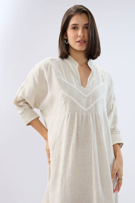 Buy Raw & Rustic By Niti Bothra Beige Linen Embroidery V-neck, Collared Lace Trim Yoke Dress Online at Aza Fashions Buy_Raw & Rustic By Niti Bothra_Beige Linen Embroidery V-neck, Collared Lace Trim Yoke Dress _Online_at_Aza_Fashions