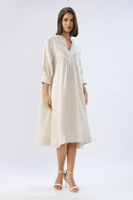 Shop Raw & Rustic By Niti Bothra Beige Linen Embroidery V-neck, Collared Lace Trim Yoke Dress Online at Aza Fashions Shop_Raw & Rustic By Niti Bothra_Beige Linen Embroidery V-neck, Collared Lace Trim Yoke Dress _Online_at_Aza_Fashions