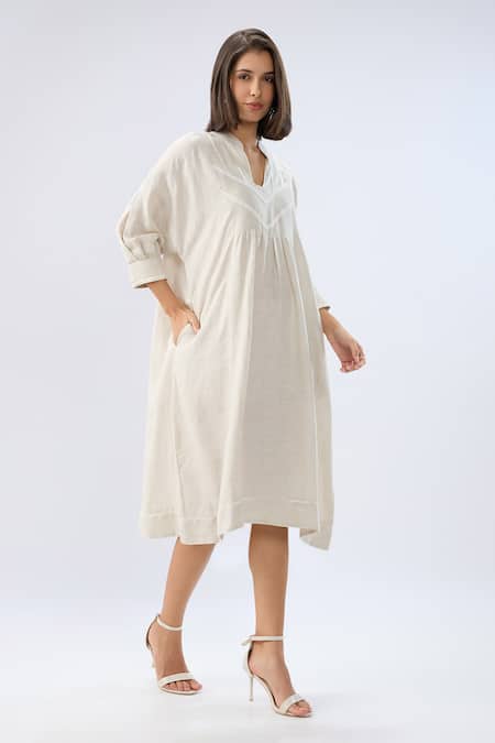 Raw & Rustic By Niti Bothra Beige Linen Embroidery V-neck, Collared Lace Trim Yoke Dress at Aza Fashions Raw & Rustic By Niti Bothra_Beige Linen Embroidery V-neck, Collared Lace Trim Yoke Dress _at_Aza_Fashions