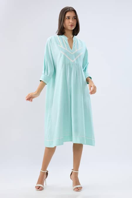 Raw & Rustic By Niti Bothra Aqua Linen Embroidery V-neck, Collared Lace Trim Yoke Dress Online at Aza Fashions Raw & Rustic By Niti Bothra_Aqua Linen Embroidery V-neck, Collared Lace Trim Yoke Dress _Online_at_Aza_Fashions