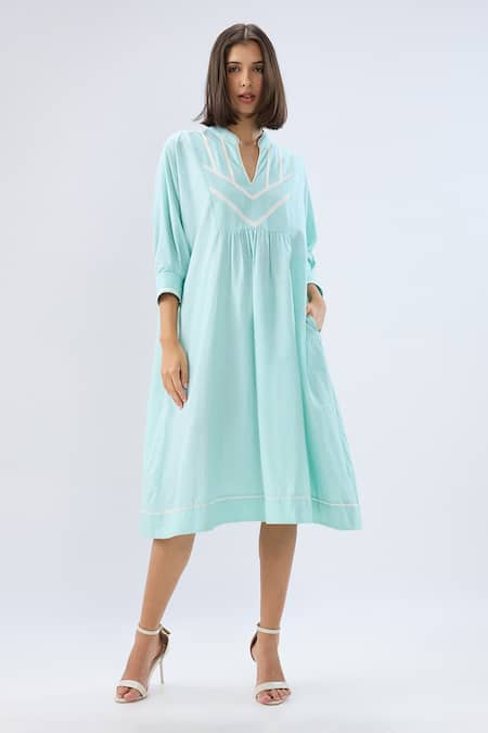 Buy Raw & Rustic By Niti Bothra Aqua Linen Embroidery V-neck, Collared Lace Trim Yoke Dress Online at Aza Fashions Buy_Raw & Rustic By Niti Bothra_Aqua Linen Embroidery V-neck, Collared Lace Trim Yoke Dress _Online_at_Aza_Fashions