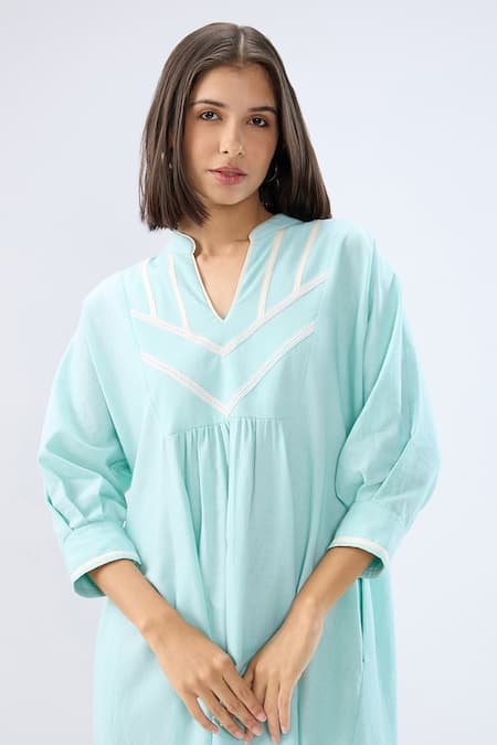 Shop Raw & Rustic By Niti Bothra Aqua Linen Embroidery V-neck, Collared Lace Trim Yoke Dress Online at Aza Fashions Shop_Raw & Rustic By Niti Bothra_Aqua Linen Embroidery V-neck, Collared Lace Trim Yoke Dress _Online_at_Aza_Fashions