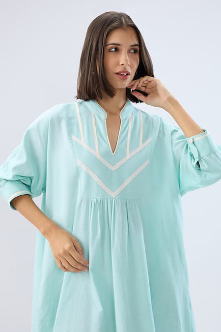Raw & Rustic By Niti Bothra Aqua Linen Embroidery V-neck, Collared Lace Trim Yoke Dress at Aza Fashions Raw & Rustic By Niti Bothra_Aqua Linen Embroidery V-neck, Collared Lace Trim Yoke Dress _at_Aza_Fashions