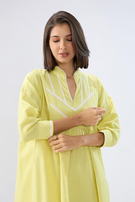 Shop Raw & Rustic By Niti Bothra Green Linen Piping, Embroidery V-neck, Collared Midi Dress Online at Aza Fashions Shop_Raw & Rustic By Niti Bothra_Green Linen Piping, Embroidery V-neck, Collared Midi Dress _Online_at_Aza_Fashions