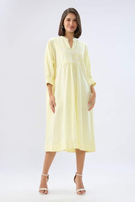 Raw & Rustic By Niti Bothra Yellow Linen Lace Split V-neck Midi Dress Online at Aza Fashions Raw & Rustic By Niti Bothra_Yellow Linen Lace Split V-neck Midi Dress _Online_at_Aza_Fashions