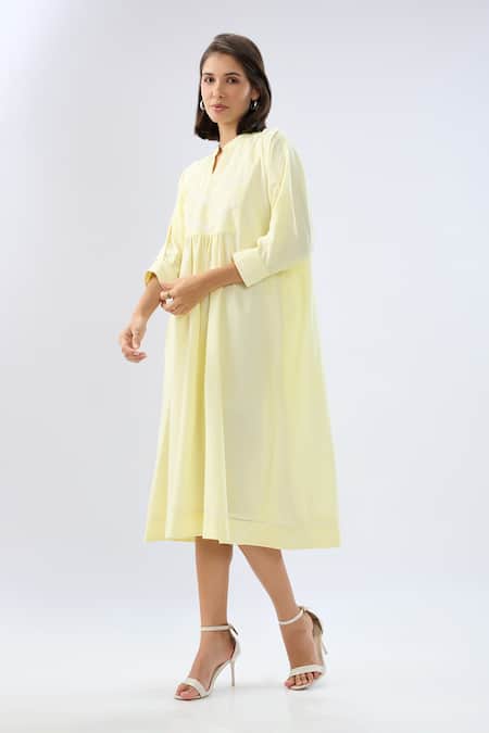 Buy Raw & Rustic By Niti Bothra Yellow Linen Lace Split V-neck Midi Dress Online at Aza Fashions Buy_Raw & Rustic By Niti Bothra_Yellow Linen Lace Split V-neck Midi Dress _Online_at_Aza_Fashions