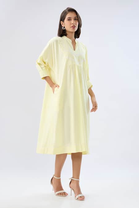 Shop Raw & Rustic By Niti Bothra Yellow Linen Lace Split V-neck Midi Dress Online at Aza Fashions Shop_Raw & Rustic By Niti Bothra_Yellow Linen Lace Split V-neck Midi Dress _Online_at_Aza_Fashions