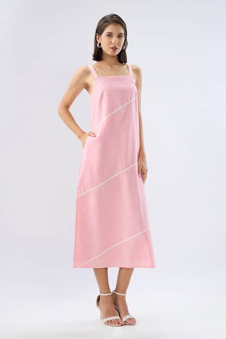 Raw & Rustic By Niti Bothra Pink Linen Square Neck Midi Dress Online at Aza Fashions Raw & Rustic By Niti Bothra_Pink Linen Square Neck Midi Dress _Online_at_Aza_Fashions
