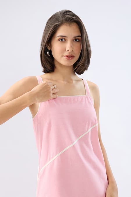 Shop Raw & Rustic By Niti Bothra Pink Linen Square Neck Midi Dress Online at Aza Fashions Shop_Raw & Rustic By Niti Bothra_Pink Linen Square Neck Midi Dress _Online_at_Aza_Fashions