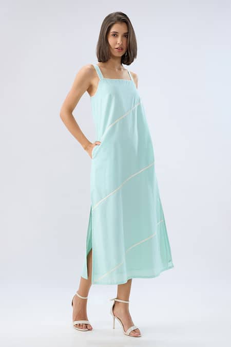 Raw & Rustic By Niti Bothra Blue Linen Square Neck Strappy Midi Dress Online at Aza Fashions Raw & Rustic By Niti Bothra_Blue Linen Square Neck Strappy Midi Dress _Online_at_Aza_Fashions