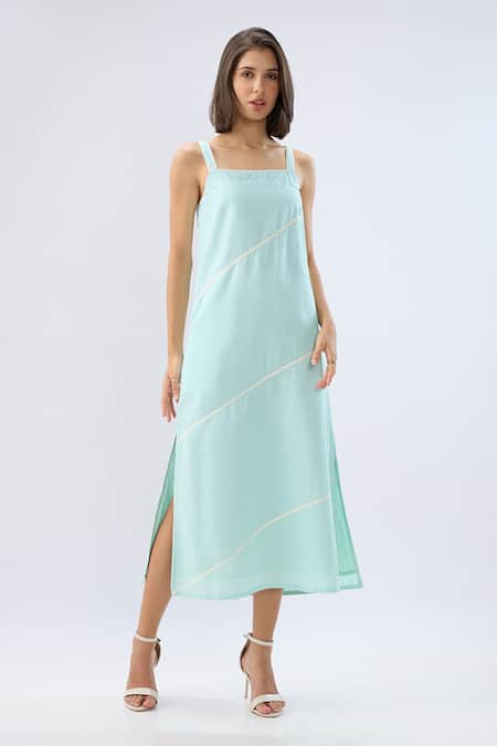 Buy Raw & Rustic By Niti Bothra Blue Linen Square Neck Strappy Midi Dress Online at Aza Fashions Buy_Raw & Rustic By Niti Bothra_Blue Linen Square Neck Strappy Midi Dress _Online_at_Aza_Fashions