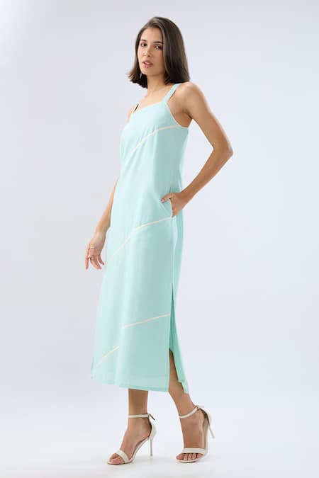 Shop Raw & Rustic By Niti Bothra Blue Linen Square Neck Strappy Midi Dress Online at Aza Fashions Shop_Raw & Rustic By Niti Bothra_Blue Linen Square Neck Strappy Midi Dress _Online_at_Aza_Fashions