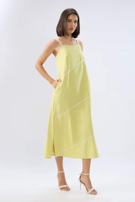 Raw & Rustic By Niti Bothra Green Linen Square Neck Midi Dress Online at Aza Fashions Raw & Rustic By Niti Bothra_Green Linen Square Neck Midi Dress _Online_at_Aza_Fashions