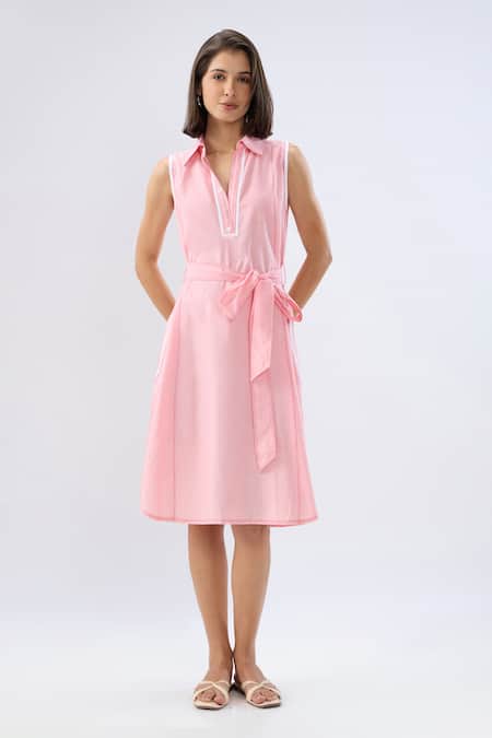 Raw & Rustic By Niti Bothra Pink Linen Collared, V-neck Sleeveless Midi Dress Online at Aza Fashions Raw & Rustic By Niti Bothra_Pink Linen Collared, V-neck Sleeveless Midi Dress _Online_at_Aza_Fashions