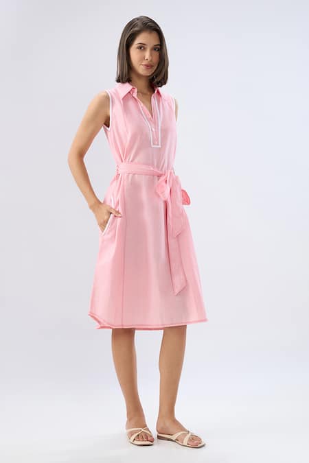 Buy Raw & Rustic By Niti Bothra Pink Linen Collared, V-neck Sleeveless Midi Dress Online at Aza Fashions Buy_Raw & Rustic By Niti Bothra_Pink Linen Collared, V-neck Sleeveless Midi Dress _Online_at_Aza_Fashions