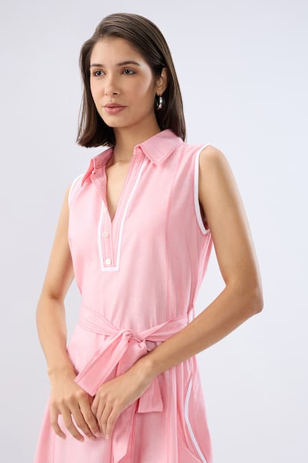 Shop Raw & Rustic By Niti Bothra Pink Linen Collared, V-neck Sleeveless Midi Dress Online at Aza Fashions Shop_Raw & Rustic By Niti Bothra_Pink Linen Collared, V-neck Sleeveless Midi Dress _Online_at_Aza_Fashions