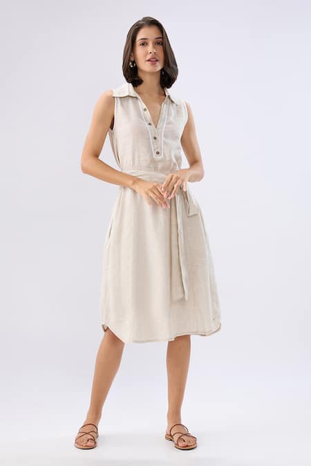 Raw & Rustic By Niti Bothra Linen Collared Sleeveless Midi Dress  