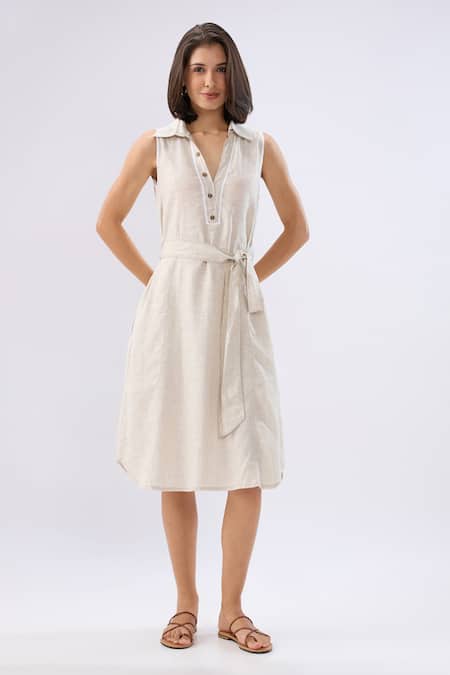 Raw & Rustic By Niti Bothra Beige Linen Collared, V-neck Sleeveless Midi Dress Online at Aza Fashions Raw & Rustic By Niti Bothra_Beige Linen Collared, V-neck Sleeveless Midi Dress _Online_at_Aza_Fashions