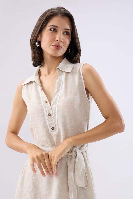 Raw & Rustic By Niti Bothra Beige Linen Collared, V-neck Sleeveless Midi Dress at Aza Fashions Raw & Rustic By Niti Bothra_Beige Linen Collared, V-neck Sleeveless Midi Dress _at_Aza_Fashions