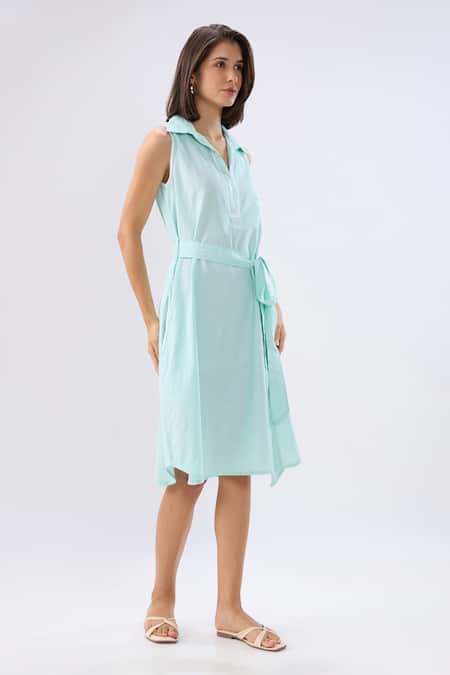 Buy Raw & Rustic By Niti Bothra Blue Linen Collared, V-neck Sleeveless Dress Online at Aza Fashions Buy_Raw & Rustic By Niti Bothra_Blue Linen Collared, V-neck Sleeveless Dress _Online_at_Aza_Fashions