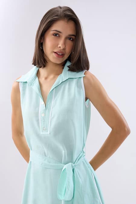 Shop Raw & Rustic By Niti Bothra Blue Linen Collared, V-neck Sleeveless Dress Online at Aza Fashions Shop_Raw & Rustic By Niti Bothra_Blue Linen Collared, V-neck Sleeveless Dress _Online_at_Aza_Fashions