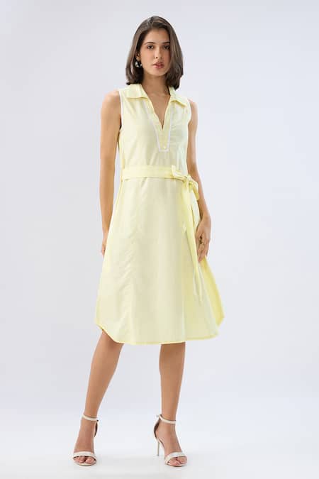 Raw & Rustic By Niti Bothra Yellow Linen Lace V-neck, Collared Sleeveless Midi Dress Online at Aza Fashions Raw & Rustic By Niti Bothra_Yellow Linen Lace V-neck, Collared Sleeveless Midi Dress _Online_at_Aza_Fashions