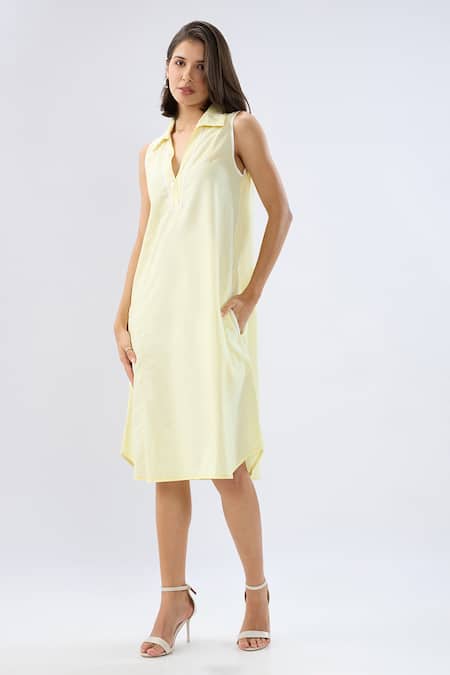 Buy Raw & Rustic By Niti Bothra Yellow Linen Lace V-neck, Collared Sleeveless Midi Dress Online at Aza Fashions Buy_Raw & Rustic By Niti Bothra_Yellow Linen Lace V-neck, Collared Sleeveless Midi Dress _Online_at_Aza_Fashions
