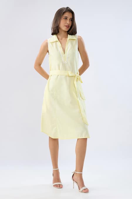 Shop Raw & Rustic By Niti Bothra Yellow Linen Lace V-neck, Collared Sleeveless Midi Dress Online at Aza Fashions Shop_Raw & Rustic By Niti Bothra_Yellow Linen Lace V-neck, Collared Sleeveless Midi Dress _Online_at_Aza_Fashions