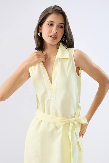 Raw & Rustic By Niti Bothra Yellow Linen Lace V-neck, Collared Sleeveless Midi Dress at Aza Fashions Raw & Rustic By Niti Bothra_Yellow Linen Lace V-neck, Collared Sleeveless Midi Dress _at_Aza_Fashions