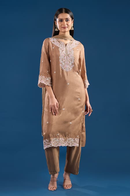 Samyukta Singhania Brown Silk, Shantoon, Chiffon Embroidery, Sequins, Lace Thread And Kurta Set at Aza Fashions Samyukta Singhania_Brown Silk, Shantoon, Chiffon Embroidery, Sequins, Lace Thread And Kurta Set _at_Aza_Fashions