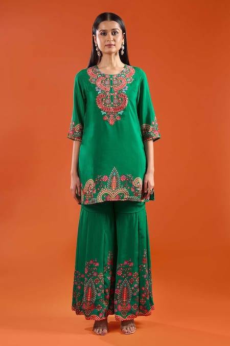 Samyukta Singhania Green Crepe, Silk, Shantoon, Chiffon Embroidery, Printed And Kurta Sharara Set Online at Aza Fashions Samyukta Singhania_Green Crepe, Silk, Shantoon, Chiffon Embroidery, Printed And Kurta Sharara Set _Online_at_Aza_Fashions