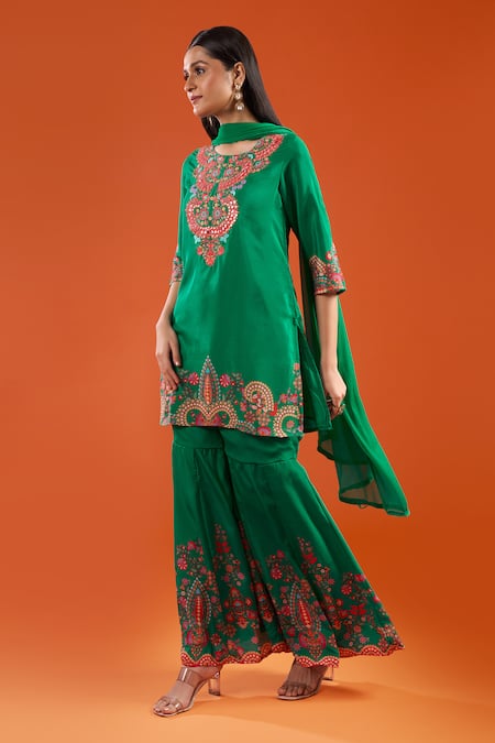 Buy Samyukta Singhania Green Crepe, Silk, Shantoon, Chiffon Embroidery, Printed And Kurta Sharara Set Online at Aza Fashions Buy_Samyukta Singhania_Green Crepe, Silk, Shantoon, Chiffon Embroidery, Printed And Kurta Sharara Set _Online_at_Aza_Fashions