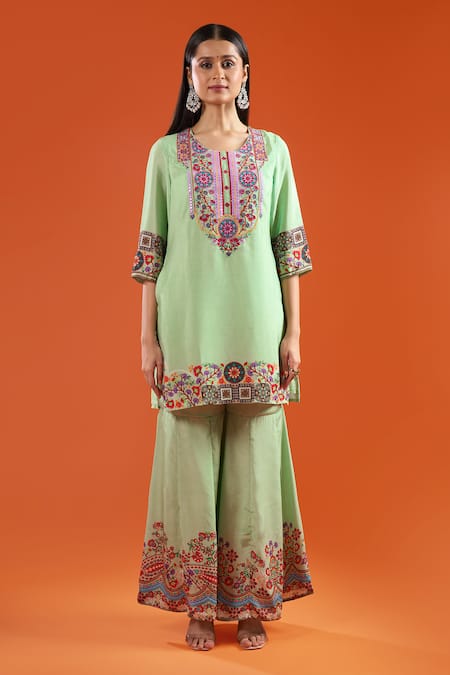 Samyukta Singhania Green Crepe, Silk, Shantoon, Chiffon Embroidery, Printed And Kurta Sharara Set Online at Aza Fashions Samyukta Singhania_Green Crepe, Silk, Shantoon, Chiffon Embroidery, Printed And Kurta Sharara Set _Online_at_Aza_Fashions