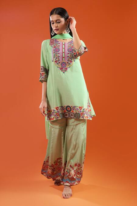 Buy Samyukta Singhania Green Crepe, Silk, Shantoon, Chiffon Embroidery, Printed And Kurta Sharara Set Online at Aza Fashions Buy_Samyukta Singhania_Green Crepe, Silk, Shantoon, Chiffon Embroidery, Printed And Kurta Sharara Set _Online_at_Aza_Fashions