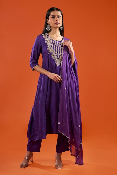 Samyukta Singhania Purple Silk, Shantoon, Chiffon Embroidery, Beads, Zari, Panelled Anarkali Set at Aza Fashions Samyukta Singhania_Purple Silk, Shantoon, Chiffon Embroidery, Beads, Zari, Panelled Anarkali Set _at_Aza_Fashions