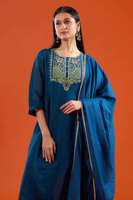 Shop Samyukta Singhania Blue Chanderi, Shantoon Embroidery, Beads, Lace Round Neck Mul Anarkali Set Online at Aza Fashions Shop_Samyukta Singhania_Blue Chanderi, Shantoon Embroidery, Beads, Lace Round Neck Mul Anarkali Set _Online_at_Aza_Fashions