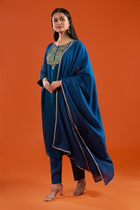Samyukta Singhania Blue Chanderi, Shantoon Embroidery, Beads, Lace Round Neck Mul Anarkali Set at Aza Fashions Samyukta Singhania_Blue Chanderi, Shantoon Embroidery, Beads, Lace Round Neck Mul Anarkali Set _at_Aza_Fashions