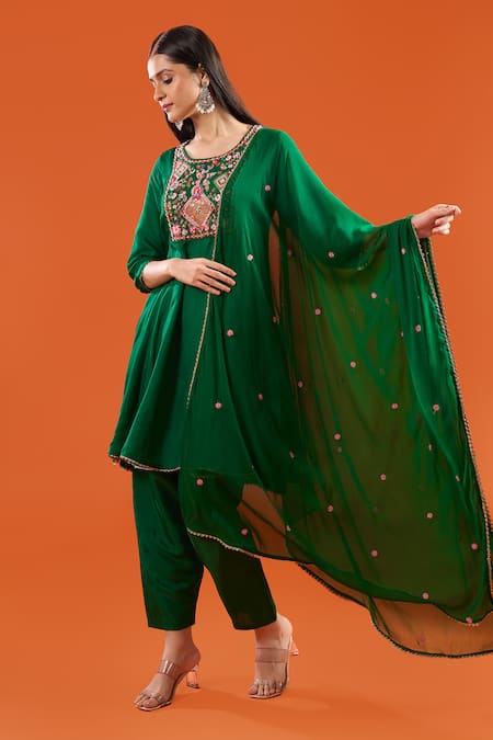 Buy Samyukta Singhania Green Silk, Shantoon, Chiffon Embroidery, Beads, Lace Round Neck Anarkali Set Online at Aza Fashions Buy_Samyukta Singhania_Green Silk, Shantoon, Chiffon Embroidery, Beads, Lace Round Neck Anarkali Set _Online_at_Aza_Fashions