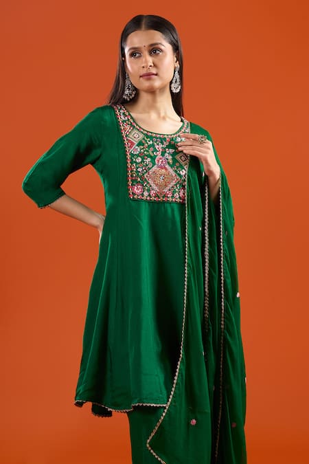 Shop Samyukta Singhania Green Silk, Shantoon, Chiffon Embroidery, Beads, Lace Round Neck Anarkali Set Online at Aza Fashions Shop_Samyukta Singhania_Green Silk, Shantoon, Chiffon Embroidery, Beads, Lace Round Neck Anarkali Set _Online_at_Aza_Fashions