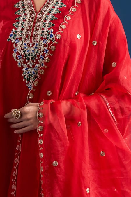 Samyukta Singhania Red Organza, Silk, Shantoon Beads, Embroidery, Zari, Gota Patti, Hand Kurta Set Online at Aza Fashions Samyukta Singhania_Red Organza, Silk, Shantoon Beads, Embroidery, Zari, Gota Patti, Hand Kurta Set _Online_at_Aza_Fashions
