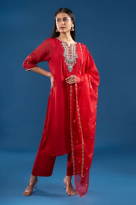 Buy Samyukta Singhania Red Organza, Silk, Shantoon Beads, Embroidery, Zari, Gota Patti, Hand Kurta Set Online at Aza Fashions Buy_Samyukta Singhania_Red Organza, Silk, Shantoon Beads, Embroidery, Zari, Gota Patti, Hand Kurta Set _Online_at_Aza_Fashions