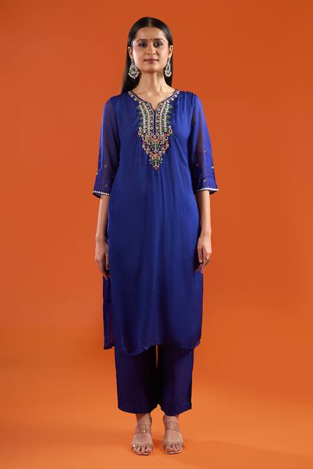 Samyukta Singhania Blue Organza, Silk Organza, Shantoon Embroidery, Beads, Zari, Kurta Pant Set Online at Aza Fashions Samyukta Singhania_Blue Organza, Silk Organza, Shantoon Embroidery, Beads, Zari, Kurta Pant Set _Online_at_Aza_Fashions