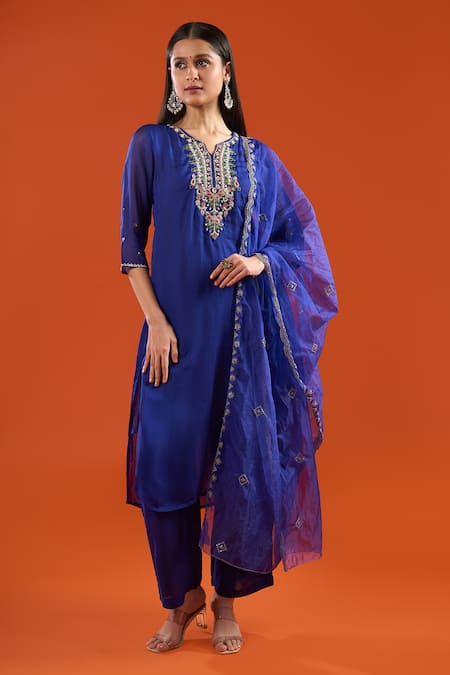 Samyukta Singhania Blue Organza, Silk Organza, Shantoon Embroidery, Beads, Zari, Kurta Pant Set at Aza Fashions Samyukta Singhania_Blue Organza, Silk Organza, Shantoon Embroidery, Beads, Zari, Kurta Pant Set _at_Aza_Fashions