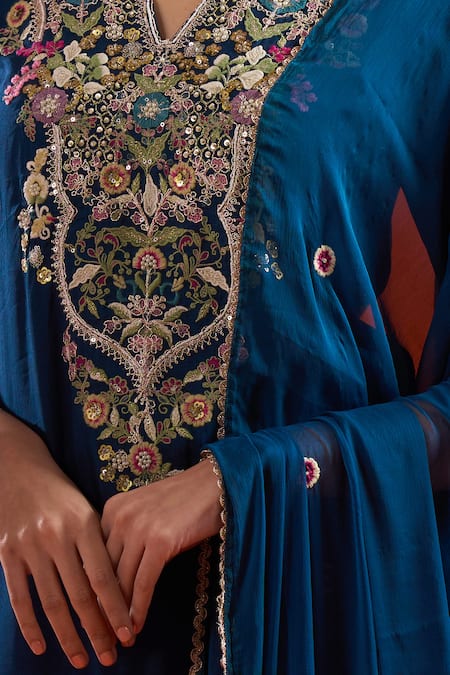 Samyukta Singhania Blue Silk, Shantoon, Chiffon Embroidery, Sequins, Beads, A-line Kurta Set Online at Aza Fashions Samyukta Singhania_Blue Silk, Shantoon, Chiffon Embroidery, Sequins, Beads, A-line Kurta Set _Online_at_Aza_Fashions